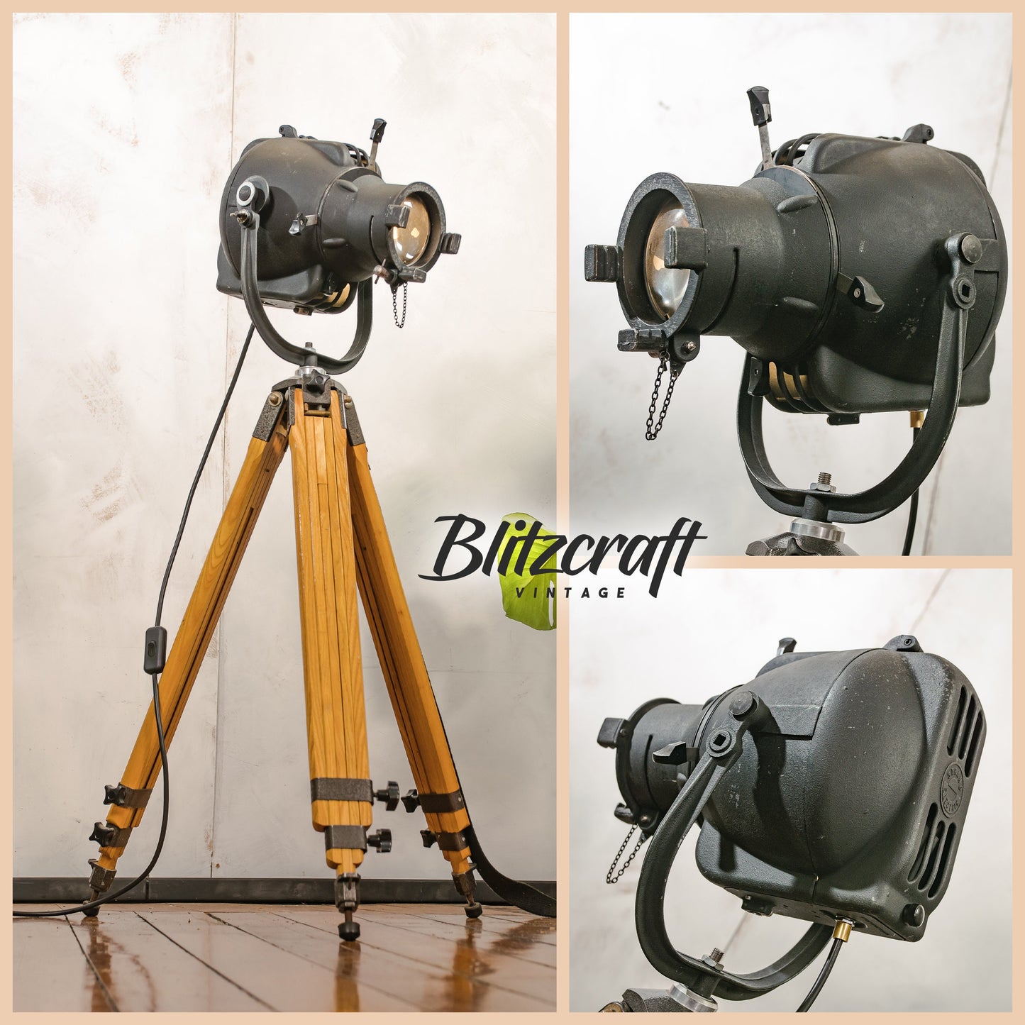 Black Theater Spotlight 1960s Strand Electric Patt 23 on a Vintage Wooden Photography Tripod, The Pipo, Retro Adjustable Floor lamp