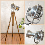 Mid-century Theaterlamp Staande lamp, Gepolijste Strand Electric Patt 23N Jaren 60 op Teakhouten Verstelbare Statief, Vintage Filmspot