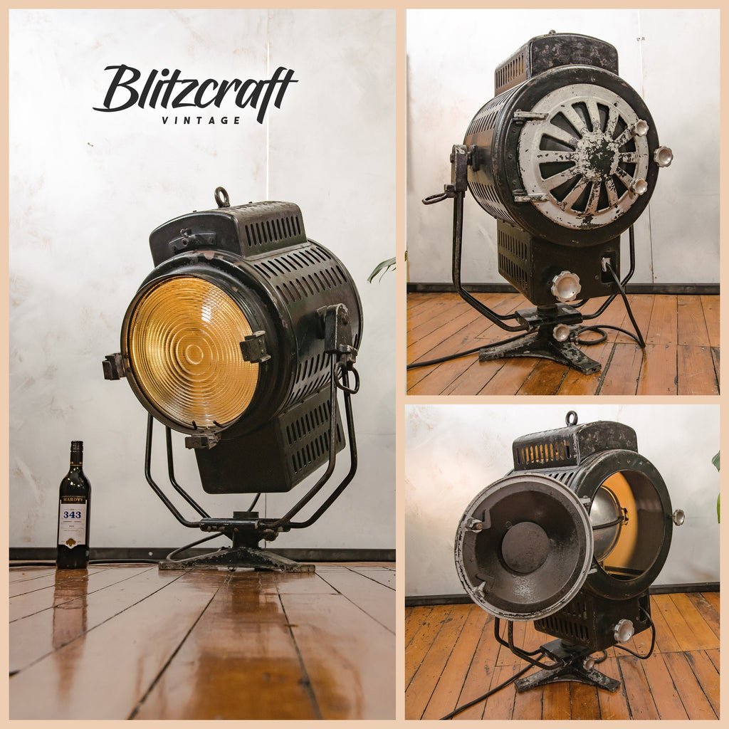 Huge Theater Lamp, 10KW Barrandov 1950s Film Spotlight, Black Studio lamp, Vintage Patina Czech Video lighting, Café Restaurant