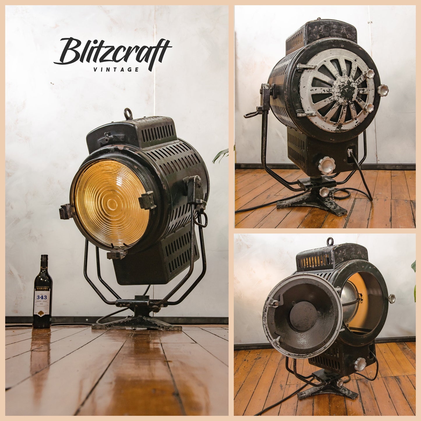 Enorme theaterlamp, 10KW Barrandov 1950s filmspot, zwarte studiolamp, vintage patina Tsjechische videoverlichting, café-restaurant