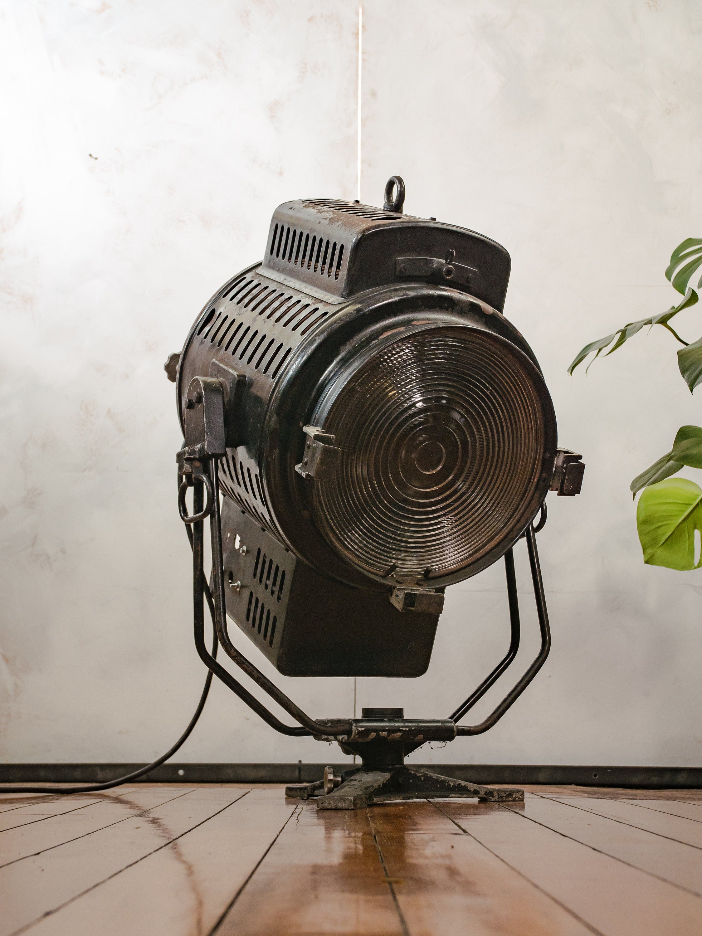 Huge Theater Lamp, 10KW Barrandov 1950s Film Spotlight, Black Studio lamp, Vintage Patina Czech Video lighting, Café Restaurant