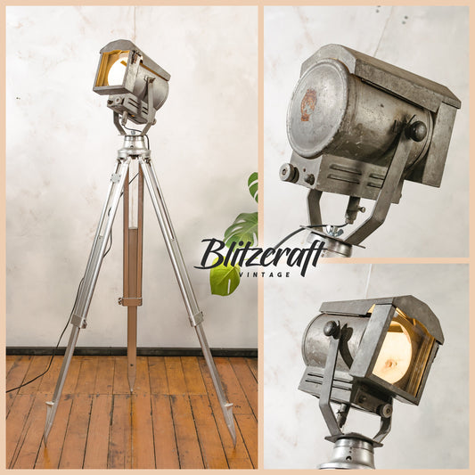 Gray Theatre projector Falconet & Cie Paris Patina on an Aluminum Surveyors Tripod, Industrial home decor Studio spotlight Floor lamp