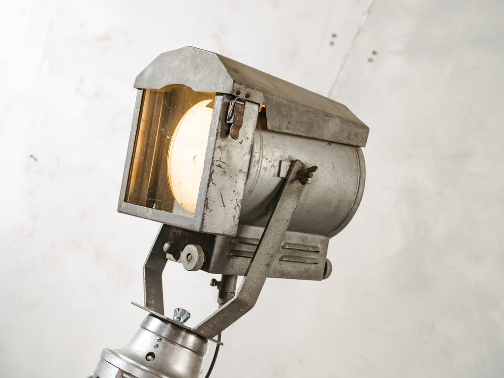 Gray Theatre projector Falconet & Cie Paris Patina on an Aluminum Surveyors Tripod, Industrial home decor Studio spotlight Floor lamp