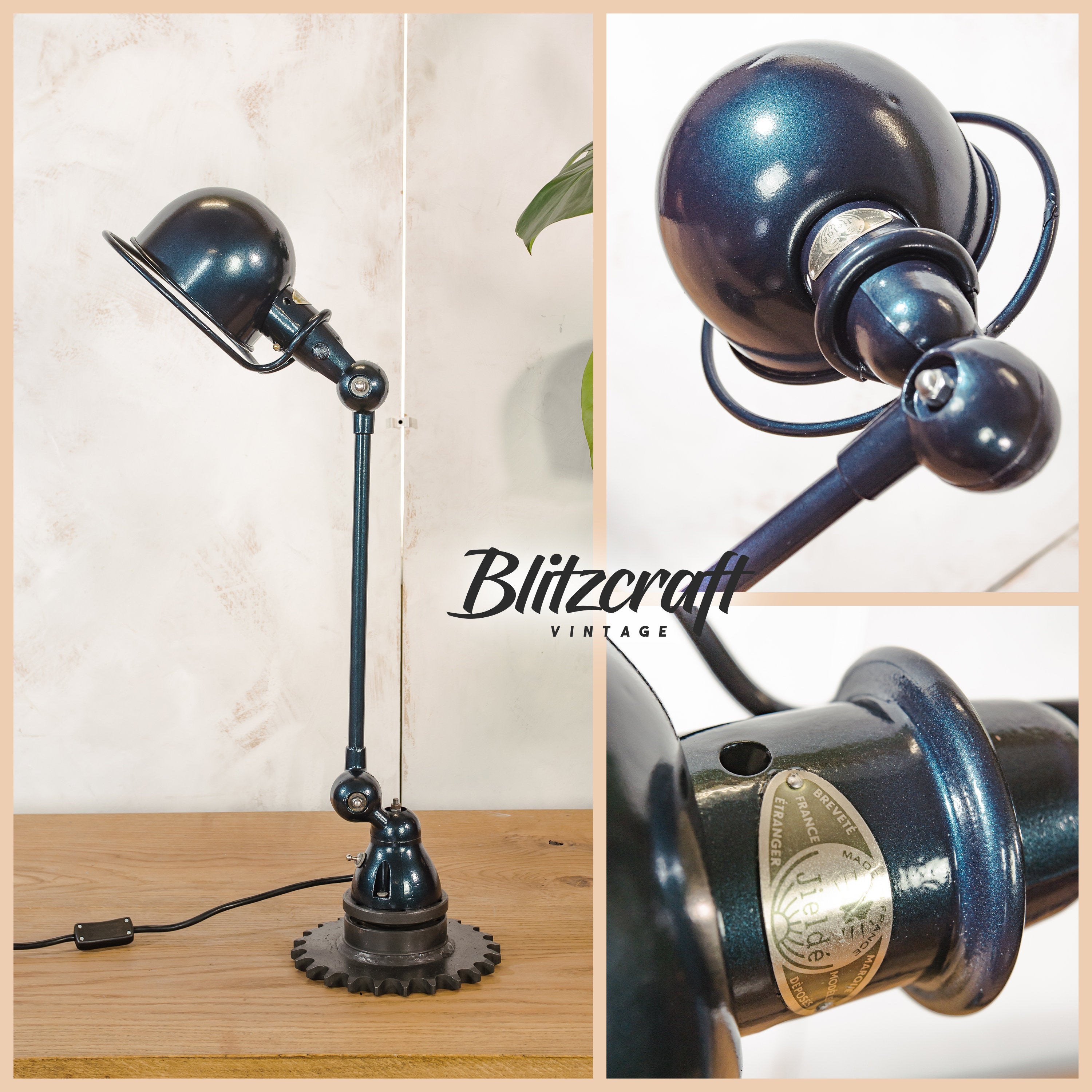 Vintage Jielde 1-armige werkplaatslamp uit de jaren 50, antieke blauwe bureaulamp, Jieldé Franse designverlichting, moderne tafellamp voor op kantoor uit het midden van de eeuw