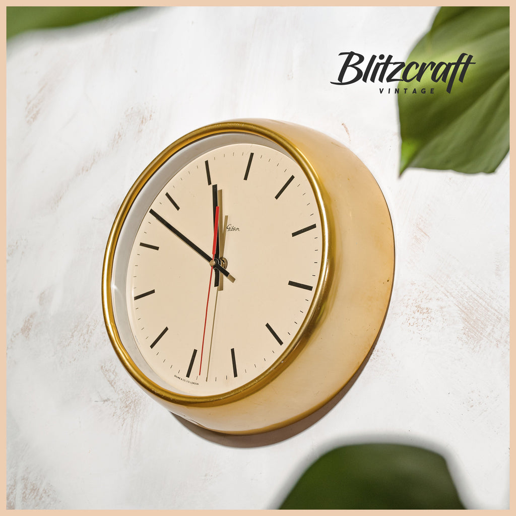 Gouden Mid-Century Gibson Baume &amp; Co LTD London Wandklok, Retro uurwerk, Cadeau housewarming Art Deco Interieurontwerp