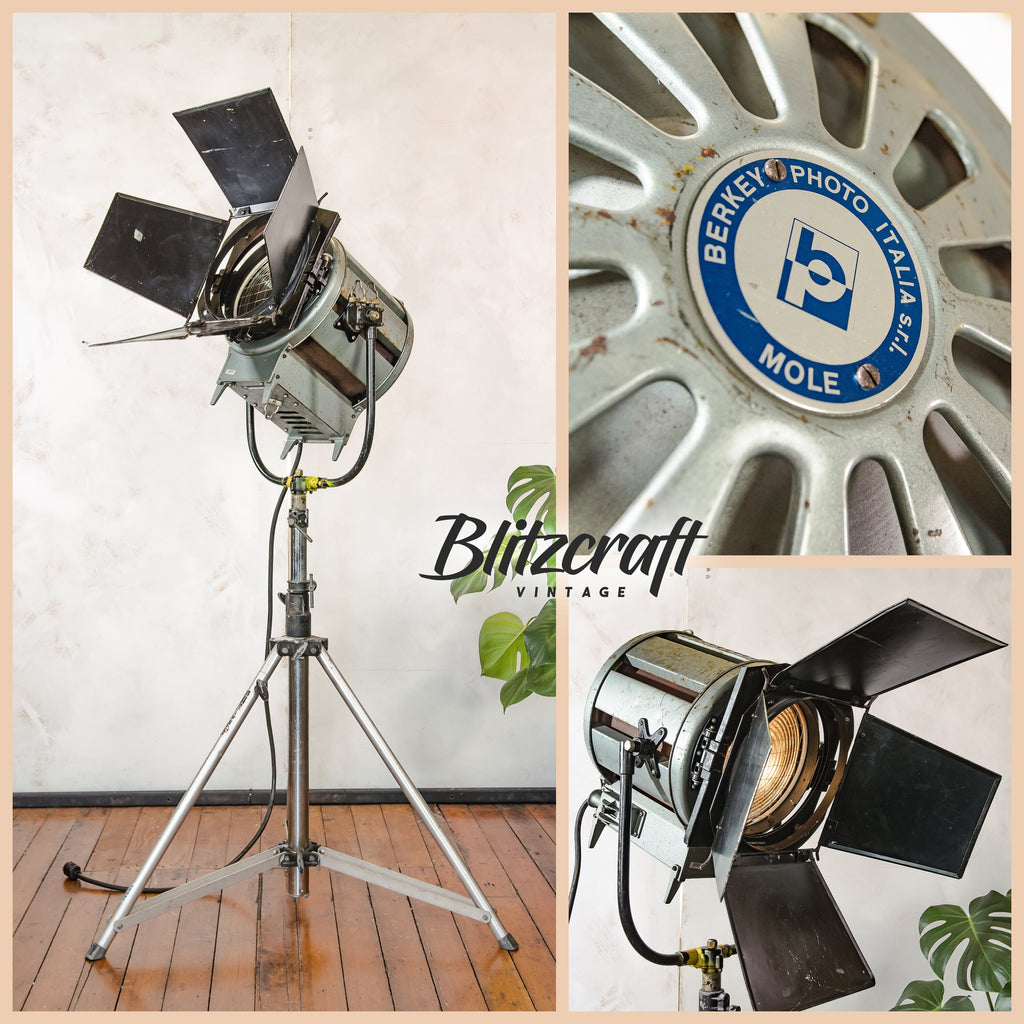 Berkey Italia (Mole Richardson) Nederlandse televisiespot op Vintage Light stand | Film Cinematographer verlichting | Grote industriële vloerlamp