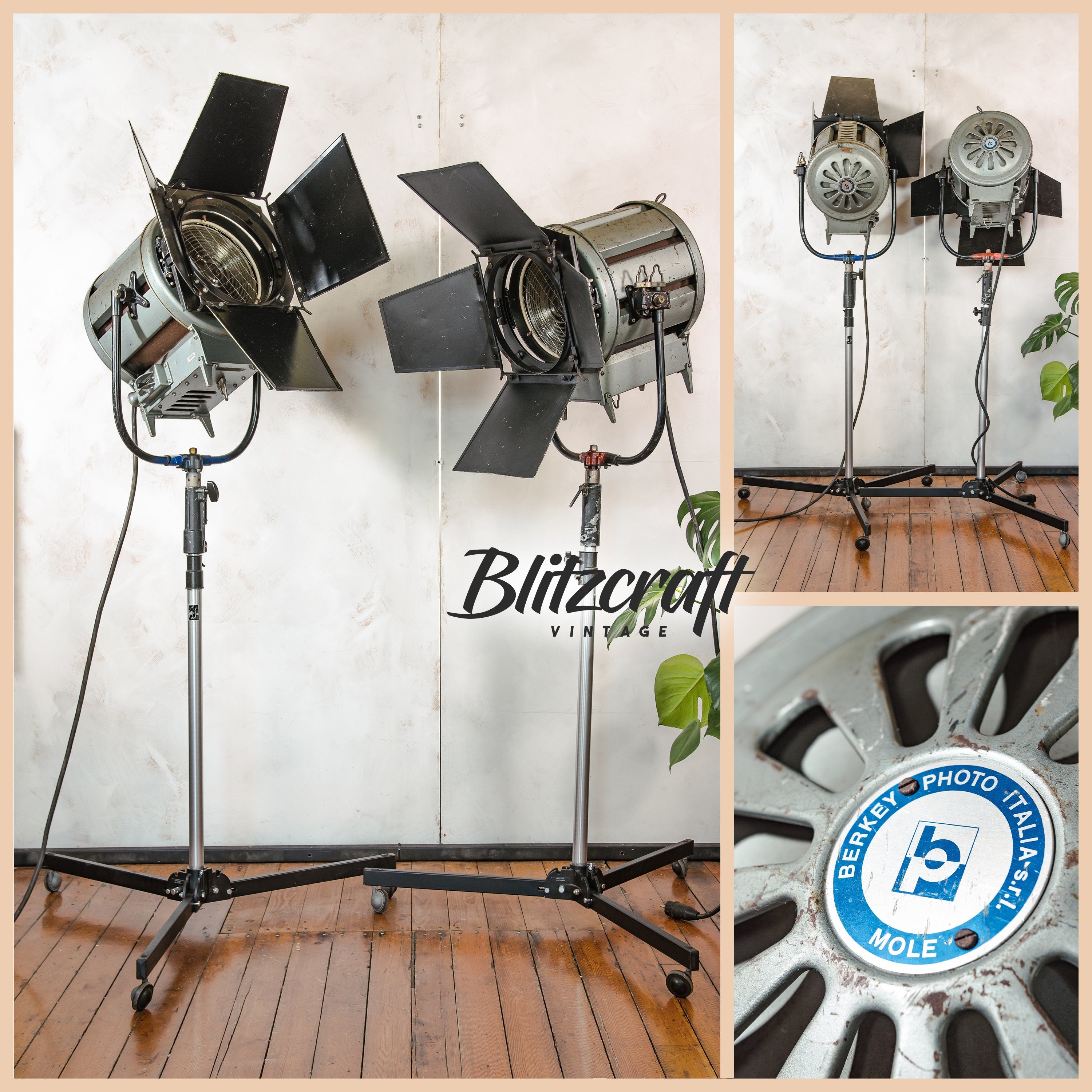 Industriële Berkey Italia (Mole Richardson) NOS Nederlandse Televisie Spotlight Staande lamp, Retro interieur Staande verlichting, Home Theatre decor