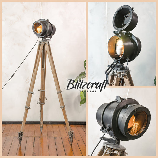 Railway Signal light 1950s, Wooden Surveying Tripod Lamp, Upcycled Industrial Floor lamp, German Train spotlight, Industrial Railroad Gift