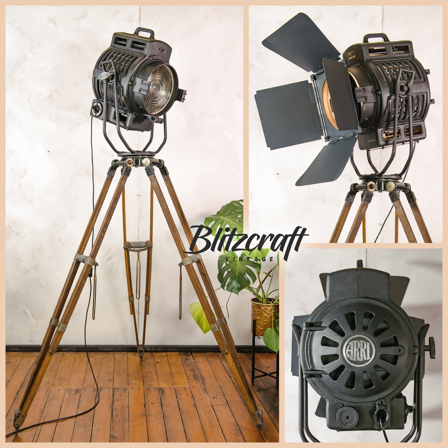 1950s 2KW Arnold &amp; Richter ARRI Movie Spotlight | Duitse Hollywood-projector op een vintage houten videografiestatief door Andre Debrie Paris