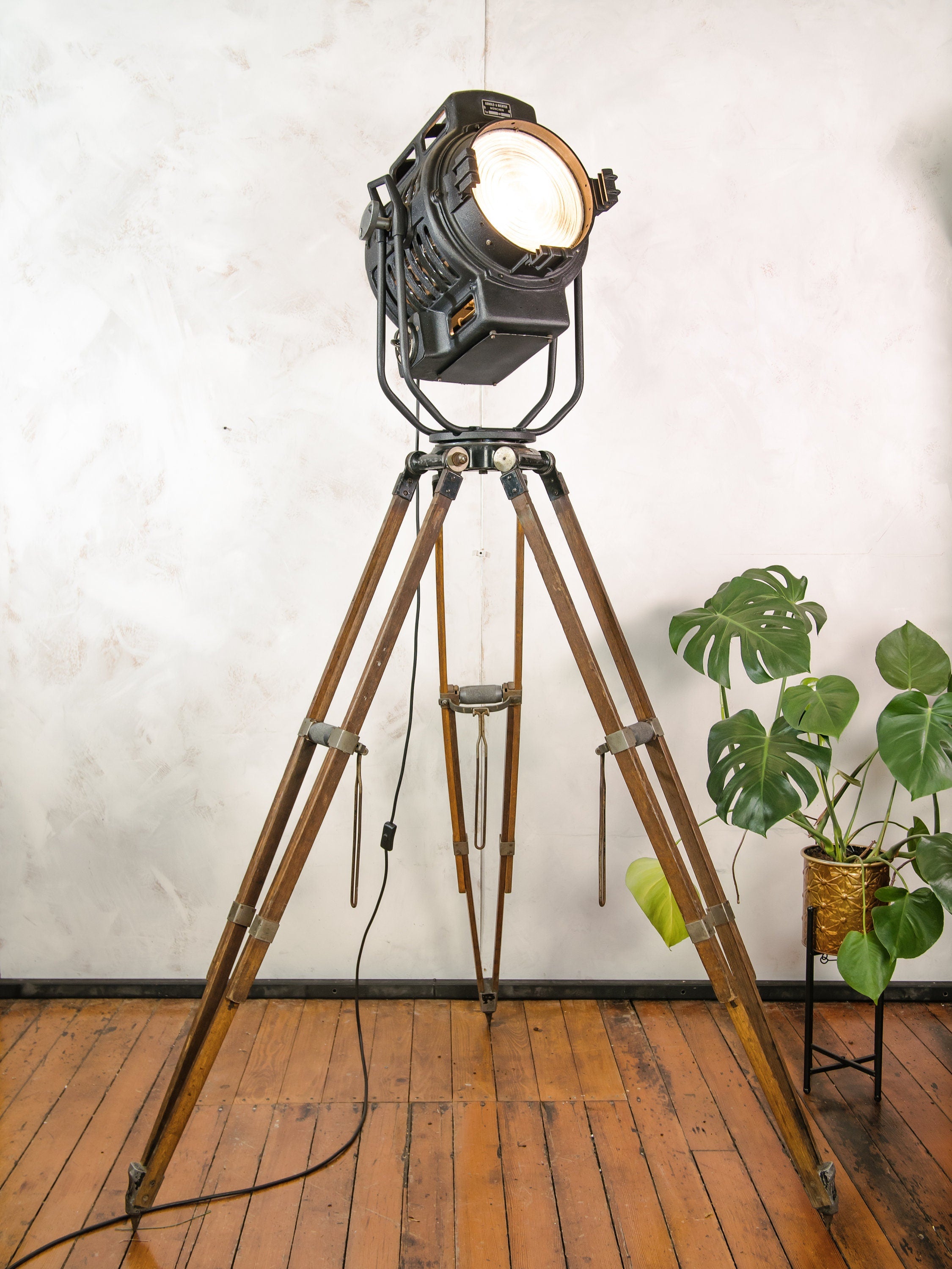 1950s 2KW Arnold & Richter ARRI Movie Spotlight | German Hollywood Projector on a Vintage Wooden Videography Tripod by Andre Debrie Paris