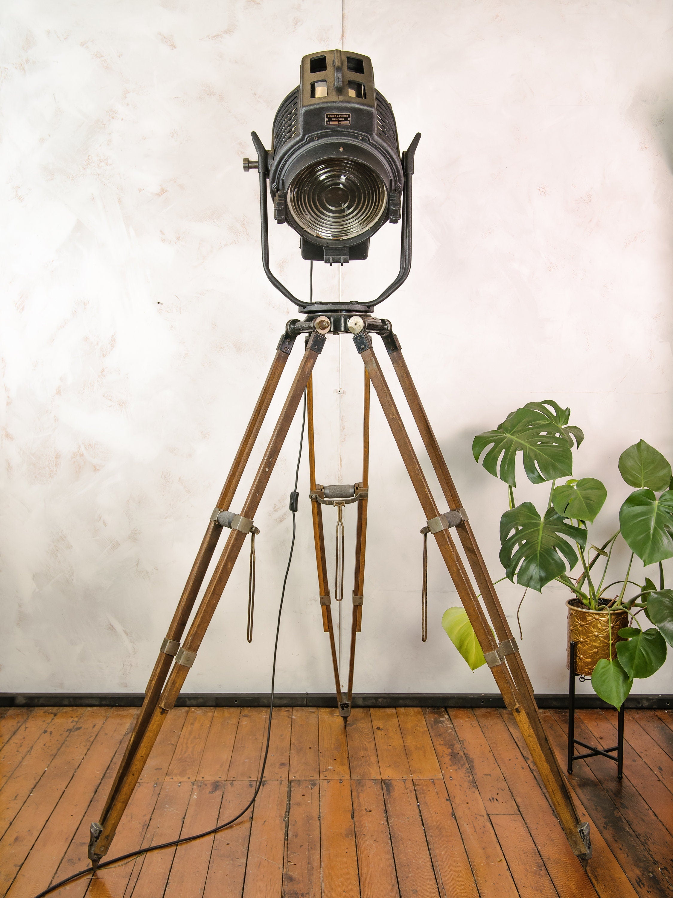 1950s 2KW Arnold & Richter ARRI Movie Spotlight | German Hollywood Projector on a Vintage Wooden Videography Tripod by Andre Debrie Paris