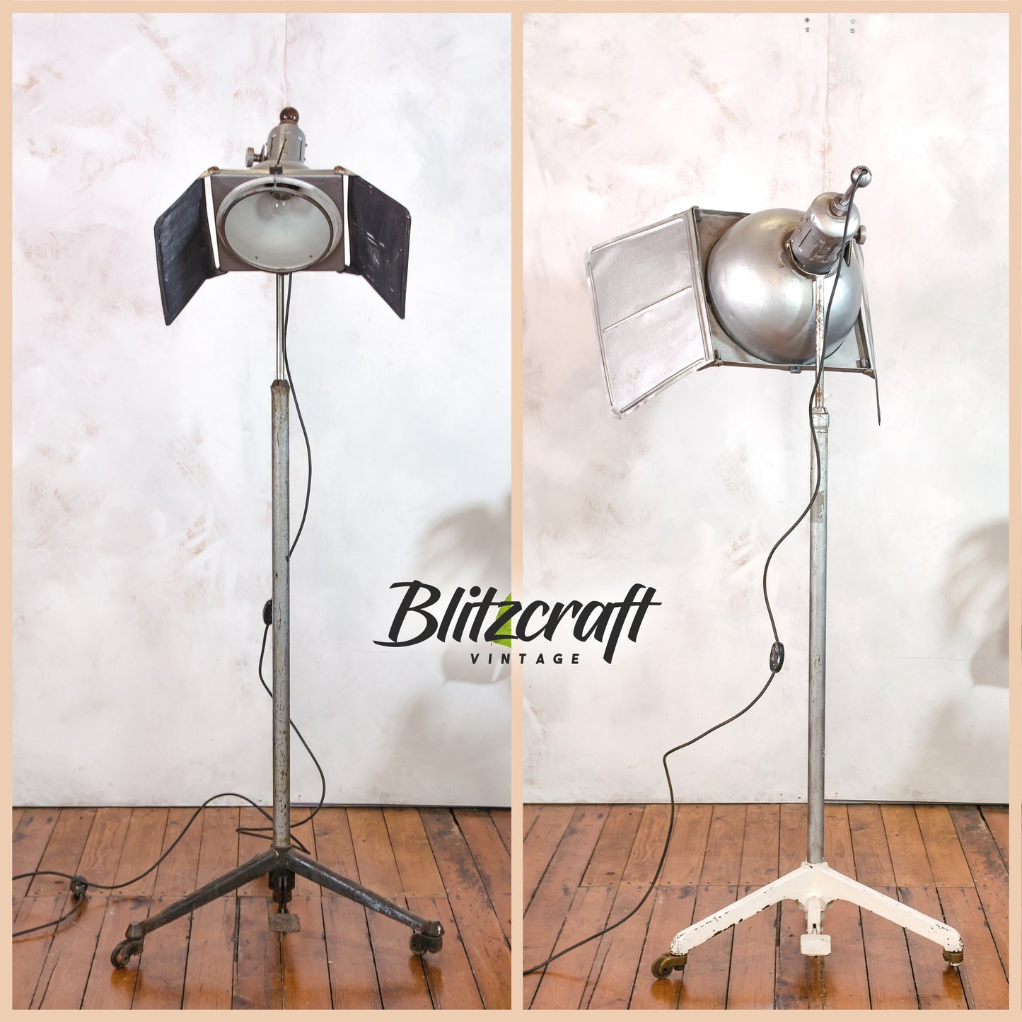 Retro Industriële Studio Verlichting Staande lamp met Barndeuren | Oude Fotografie Spotlight op Stalen Rollende Lampstandaard, Art Deco