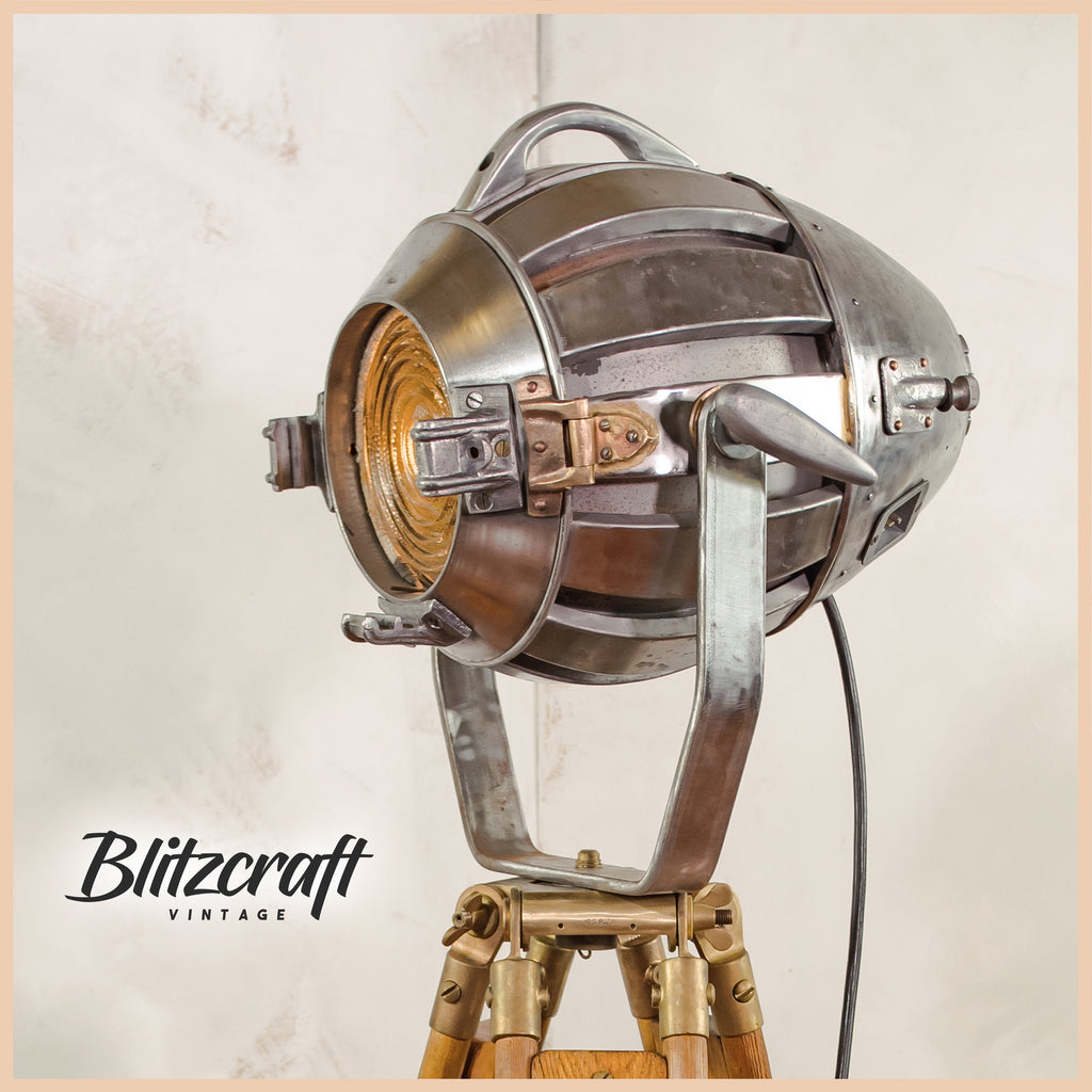 1930s Hewitt Universal Antique Hollywood Film Spotlight Floor Lamp Wooden Surveyors Tripod, Polished Theatre Projector, Collectors Item
