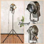 Antique A.E. Cremer Paris 1950s Gray Film Spotlight on Original Tripod, Theatre lamp, Industrial Retro Fresnel Floor lamp, Art deco lighting