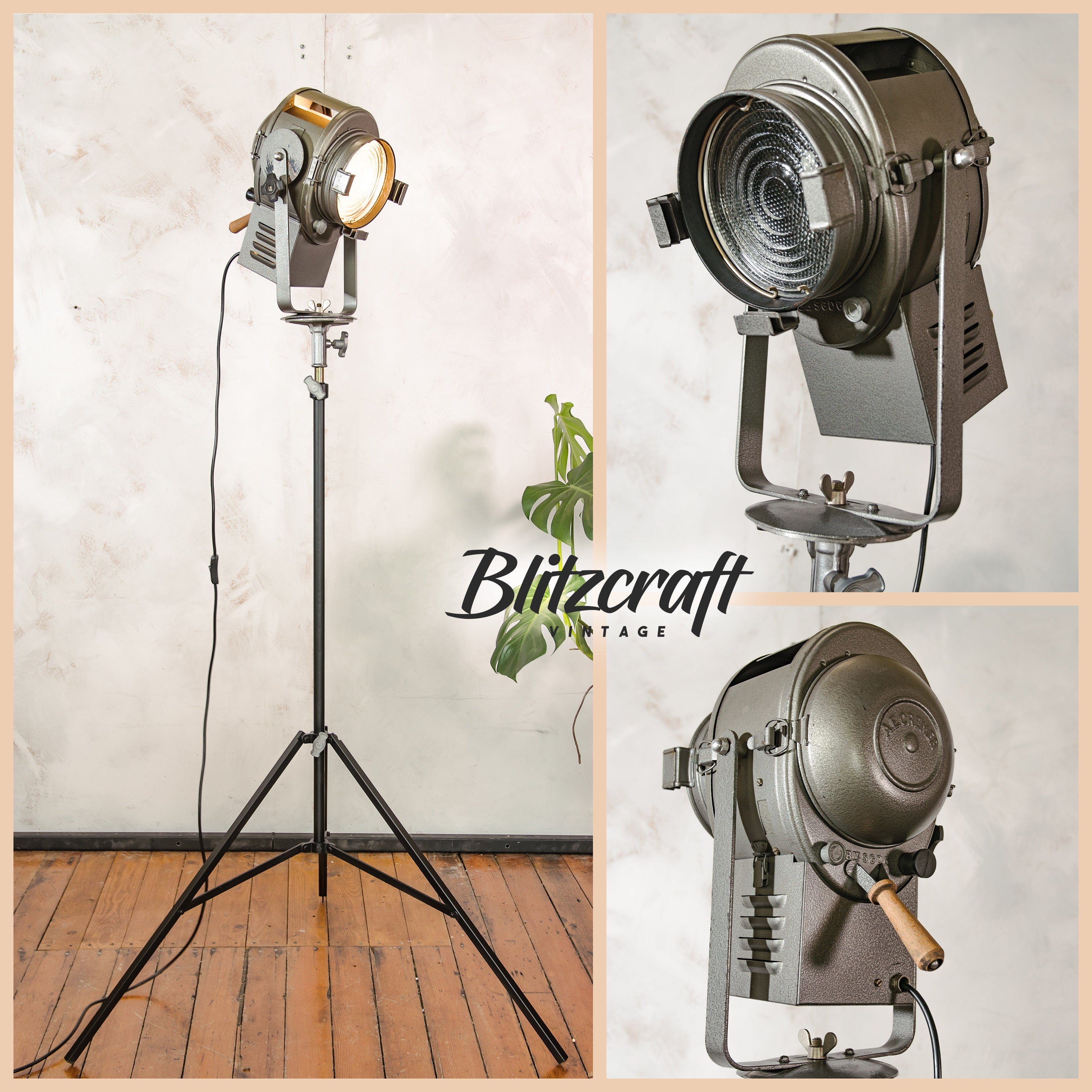 Antique A.E. Cremer Paris 1950s Gray Film Spotlight on Original Tripod, Theatre lamp, Industrial Retro Fresnel Floor lamp, Art deco lighting