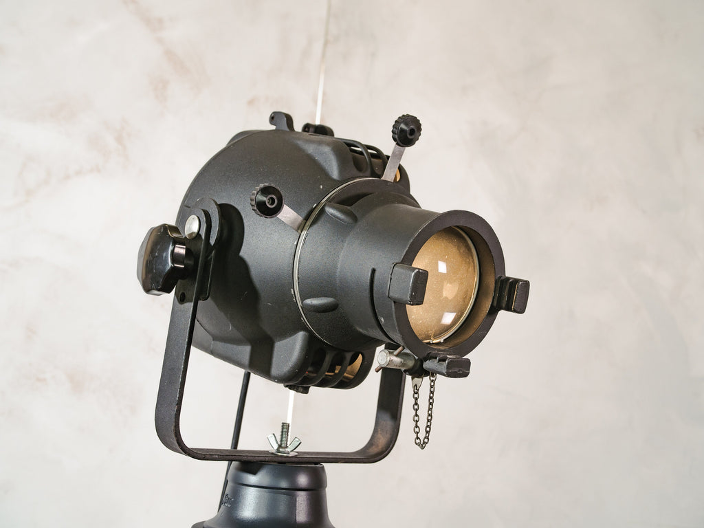 Spotlight Floor lamp 1960s, Black Strand Electric Patt 23 Theatre lamp on Black Surveying Tripod, Art Deco Film studio lighting Hollywood