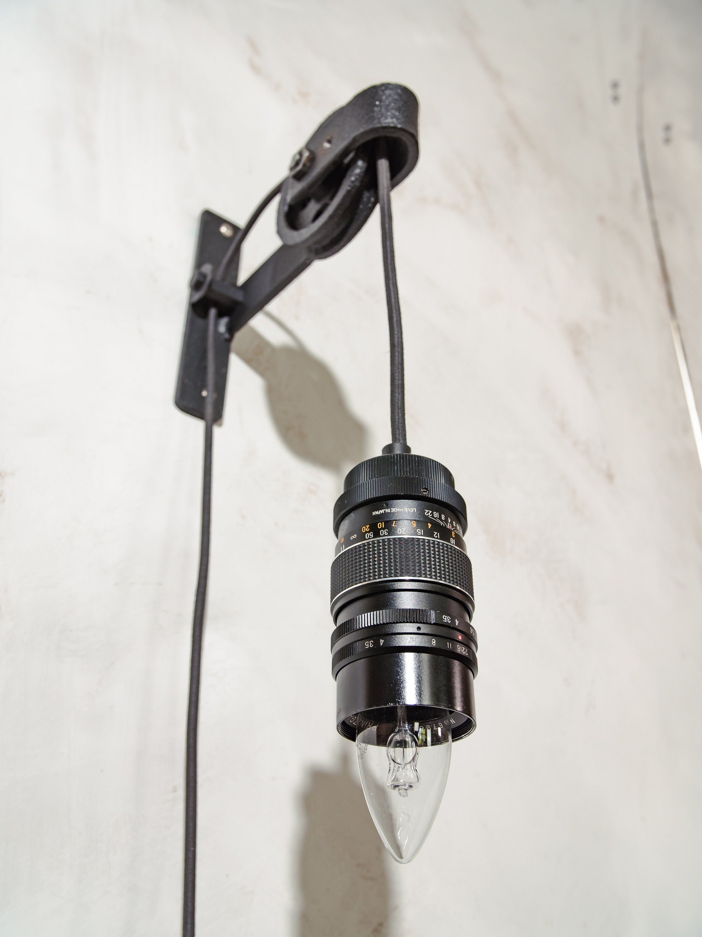 Camera Lens Wall lamp, Upcycled Pulley light, gift for Photographers, 135 mm Lens lamp, Vintage Industrial Pulley, repurposed lighting