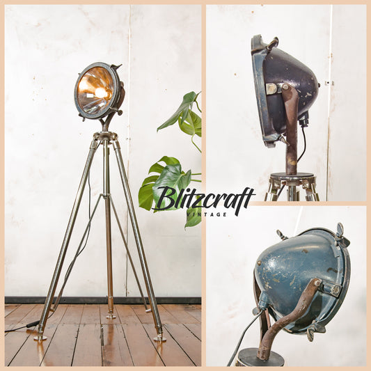 Antique Searchlight Floor lamp, Vintage Headlight on Chrome Tripod, One of a kind Projector lighting Brass parts