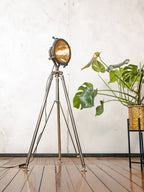 Antique Searchlight Floor lamp, Vintage Headlight on Chrome Tripod, One of a kind Projector lighting Brass parts