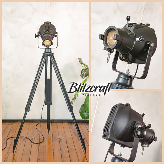 Spotlight Floor lamp 1960s, Black Strand Electric Patt 23 Theatre lamp on Black Surveying Tripod, Art Deco Film studio lighting Hollywood