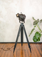 Spotlight Floor lamp 1960s, Black Strand Electric Patt 23 Theatre lamp on Black Surveying Tripod, Art Deco Film studio lighting Hollywood