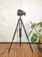 Spotlight Floor lamp 1960s, Black Strand Electric Patt 23 Theatre lamp on Black Surveying Tripod, Art Deco Film studio lighting Hollywood