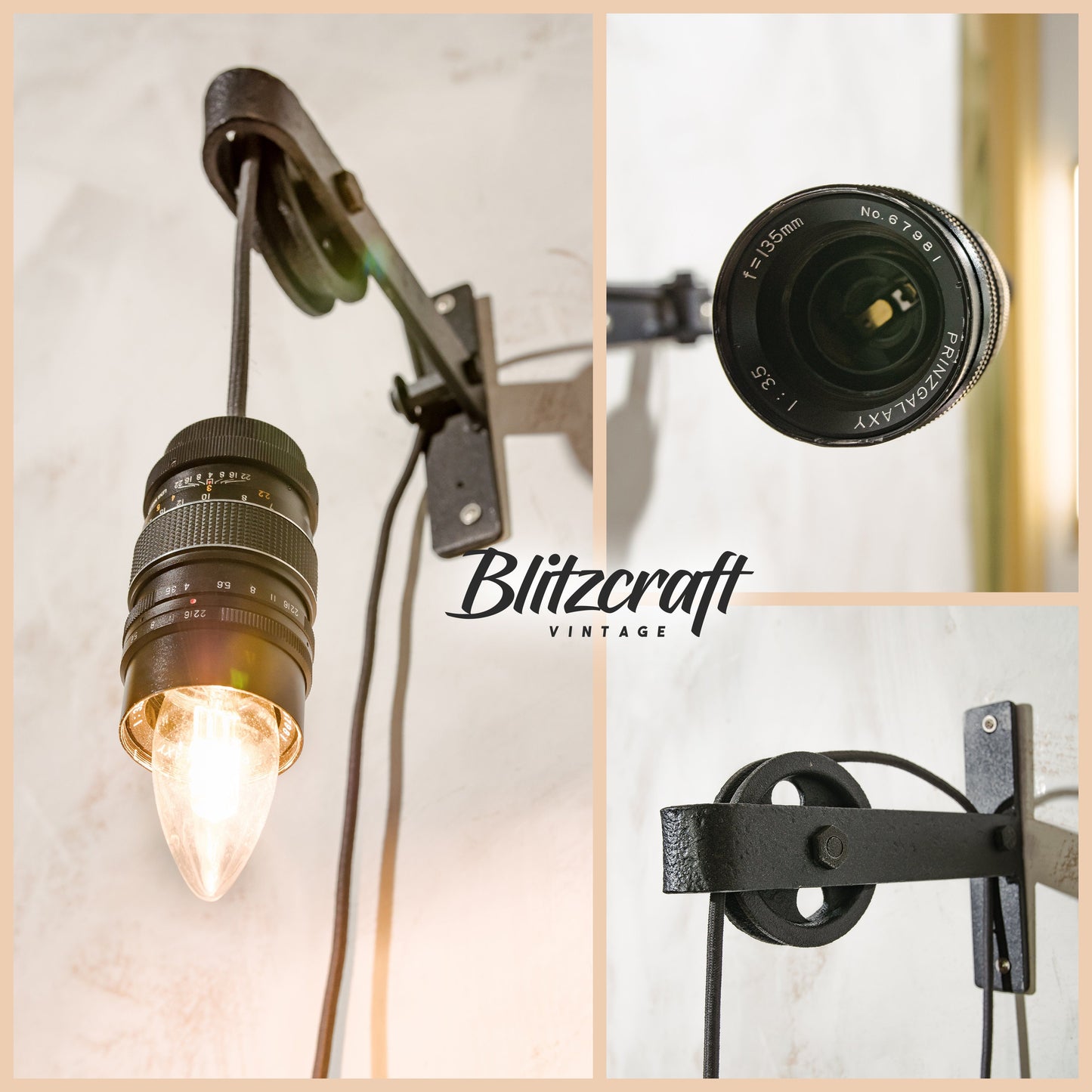 Cameralens wandlamp, gerecyclede katrollamp, cadeau voor fotografen, 135 mm lenslamp, vintage industriële katrol, hergebruikte verlichting