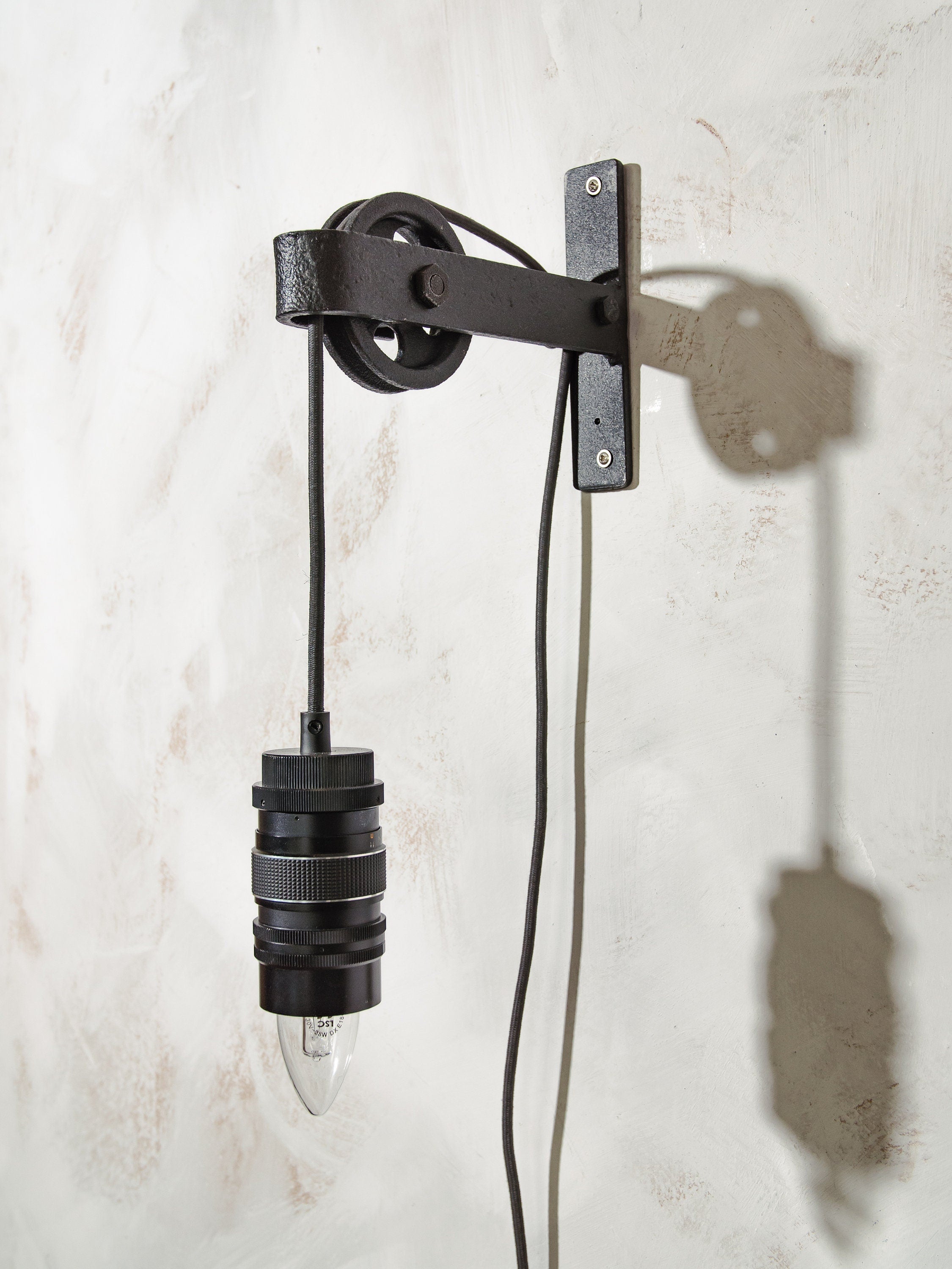 Camera Lens Wall lamp, Upcycled Pulley light, gift for Photographers, 135 mm Lens lamp, Vintage Industrial Pulley, repurposed lighting