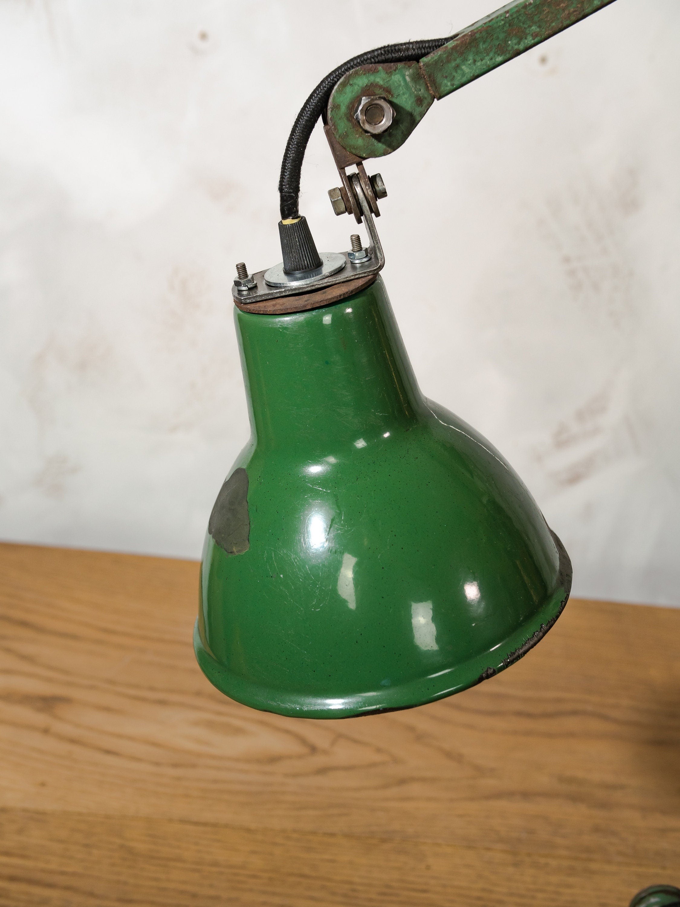Vintage industrial 4 arm Work lamp by EDL, Rustic Green 1950s Machinist Lamp with original labels, Workshop Desk lamp, Enamel Lamp shade