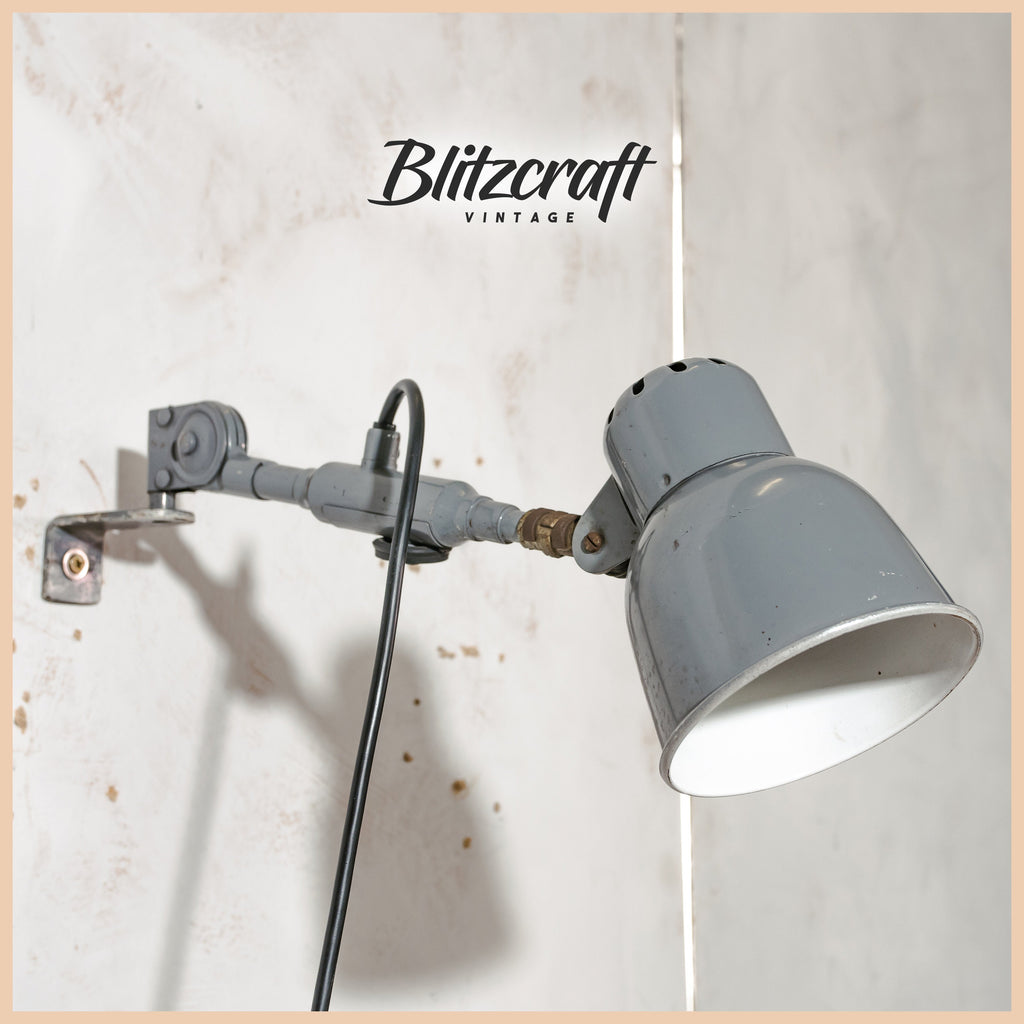 Small SIS Wall Lamp Swing Arm 1950s, Bauhaus Retro Gray Vintage Wall mounted light or Desk Mounted Lamp, Factory Machinery drawing lamp