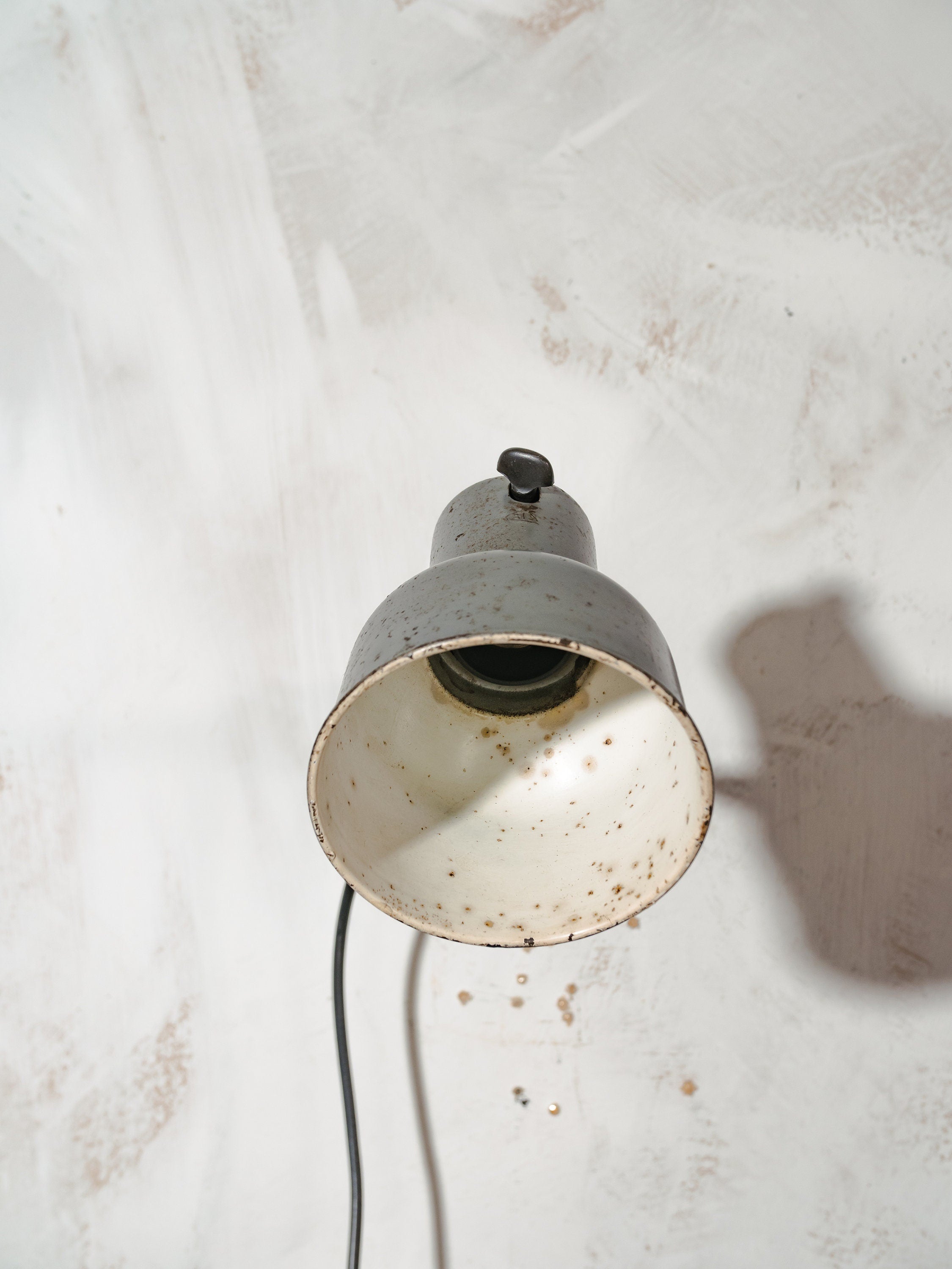 Tiny SIS Wall Lamp Swing Arm 1950s, Bauhaus Rustic patina Gray Vintage Wall mounted light or Desk Mounted Lamp, Factory Machine drawing lamp