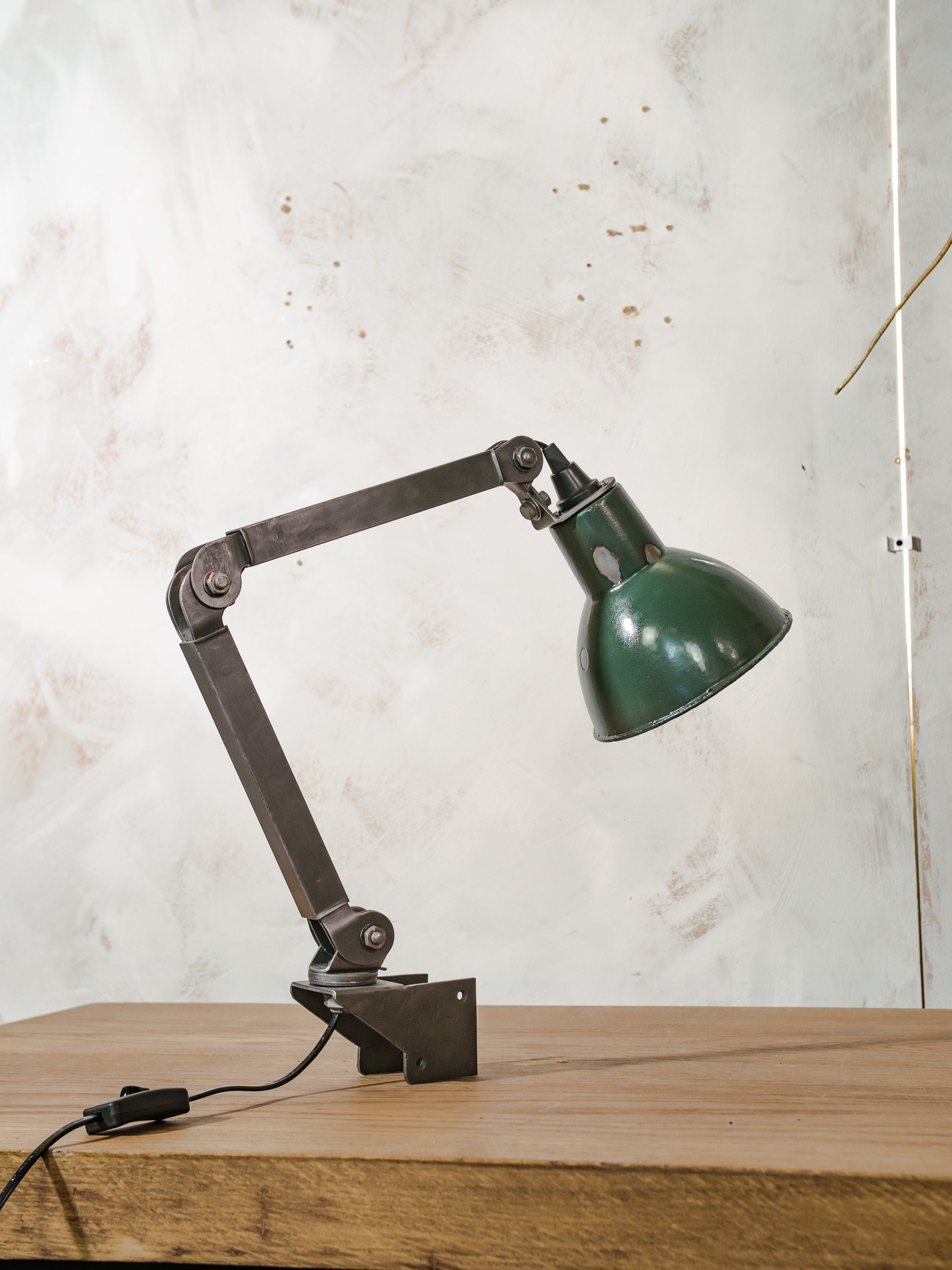 Vintage Industrial Machine Lamp by EDL England, Gray 1950s 2 arm Workshop Desk lamp, Restored and renovated Task Lamp, Articulated Lighting