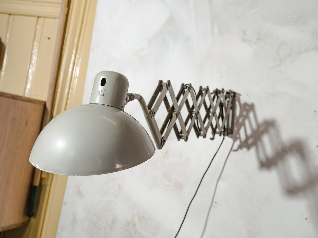 Bauhaus Gray Scissor Lamp by SIS with Oval Lampshade, 1960s Pull Out Wall mounted light, Harmonica light, Accordion Workshop lighting