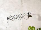 Antique Scissor Lamp by Wilhelm Bader Wagenfeld 1930s, Black Workshop lamp, Unique and rare Wall Harmonica Light, Bauhaus Enamel Lampshade