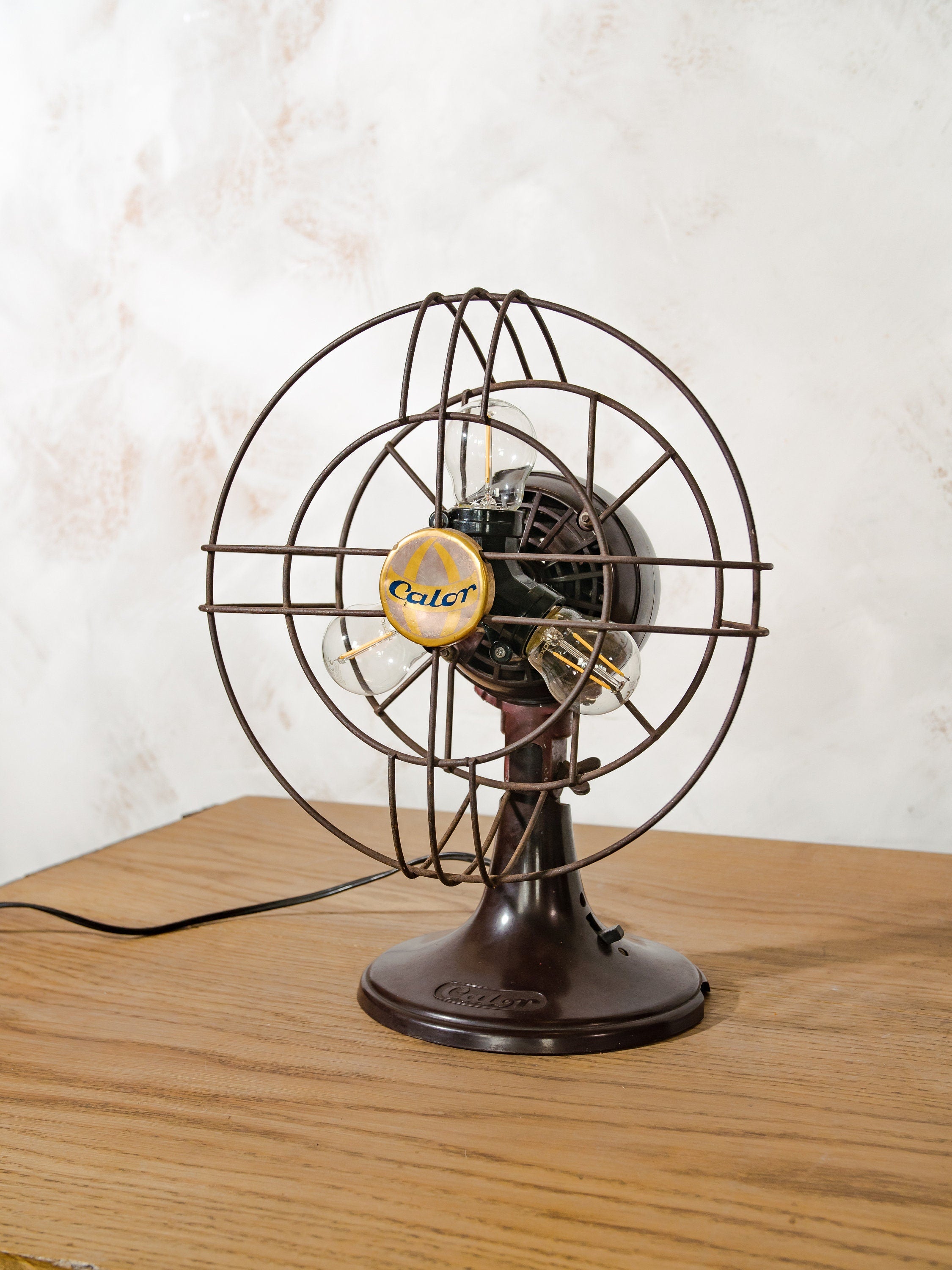 Fan Lamp by CALOR, Model from France 1950s, 3 Light bulbs Desk lamp, Unique Table lamp, Steampunk Decor, Upcycled housewarming Gift