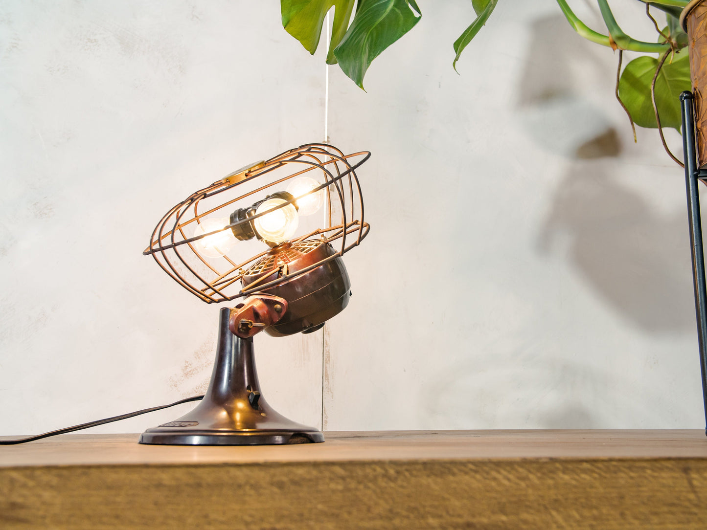 Fan Lamp by CALOR, Model from France 1950s, 3 Light bulbs Desk lamp, Unique Table lamp, Steampunk Decor, Upcycled housewarming Gift