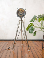 Antique Searchlight Floor lamp, Vintage Headlight on Chrome Tripod, One of a kind Projector lighting Brass parts