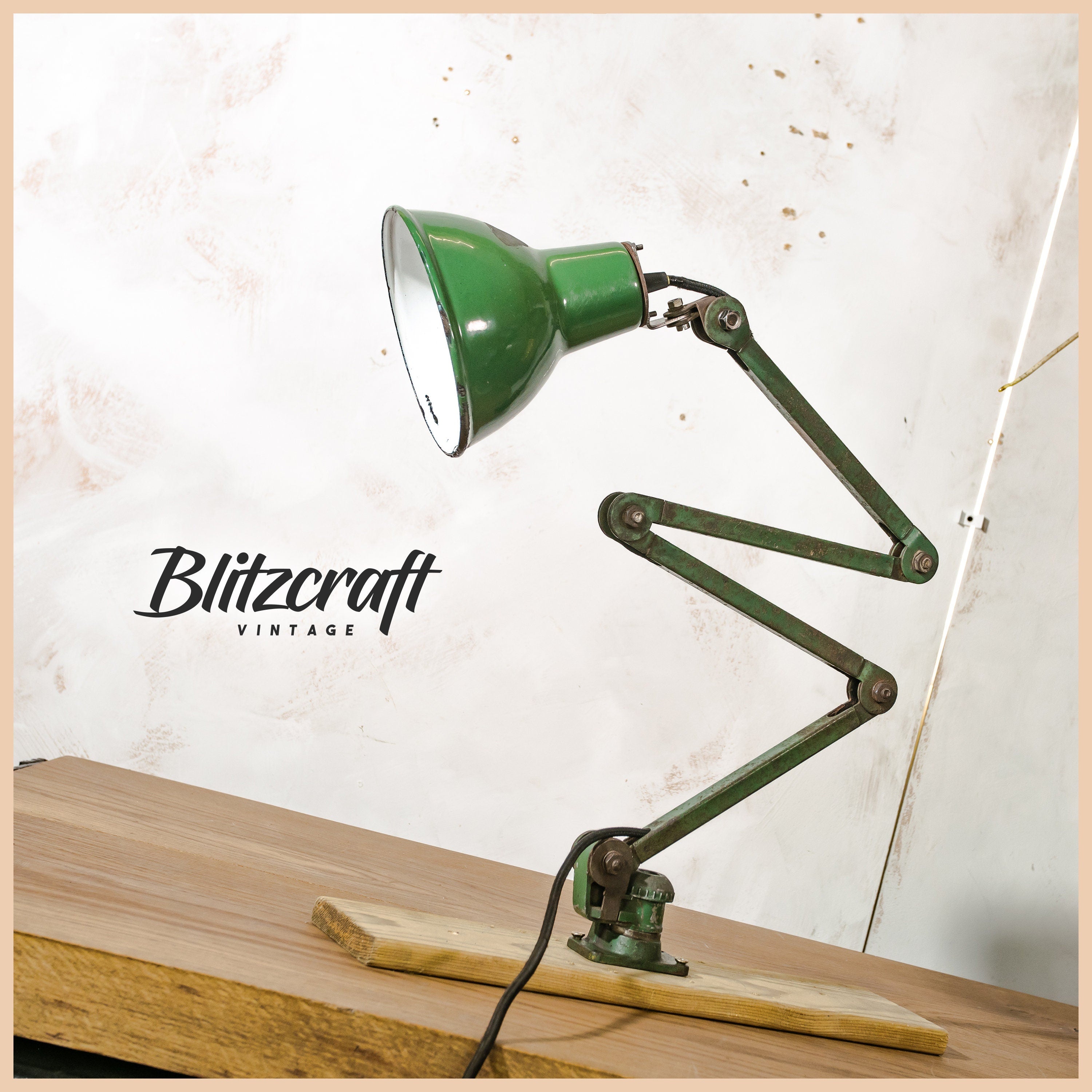 Vintage industrial 4 arm Work lamp by EDL, Rustic Green 1950s Machinist Lamp with original labels, Workshop Desk lamp, Enamel Lamp shade