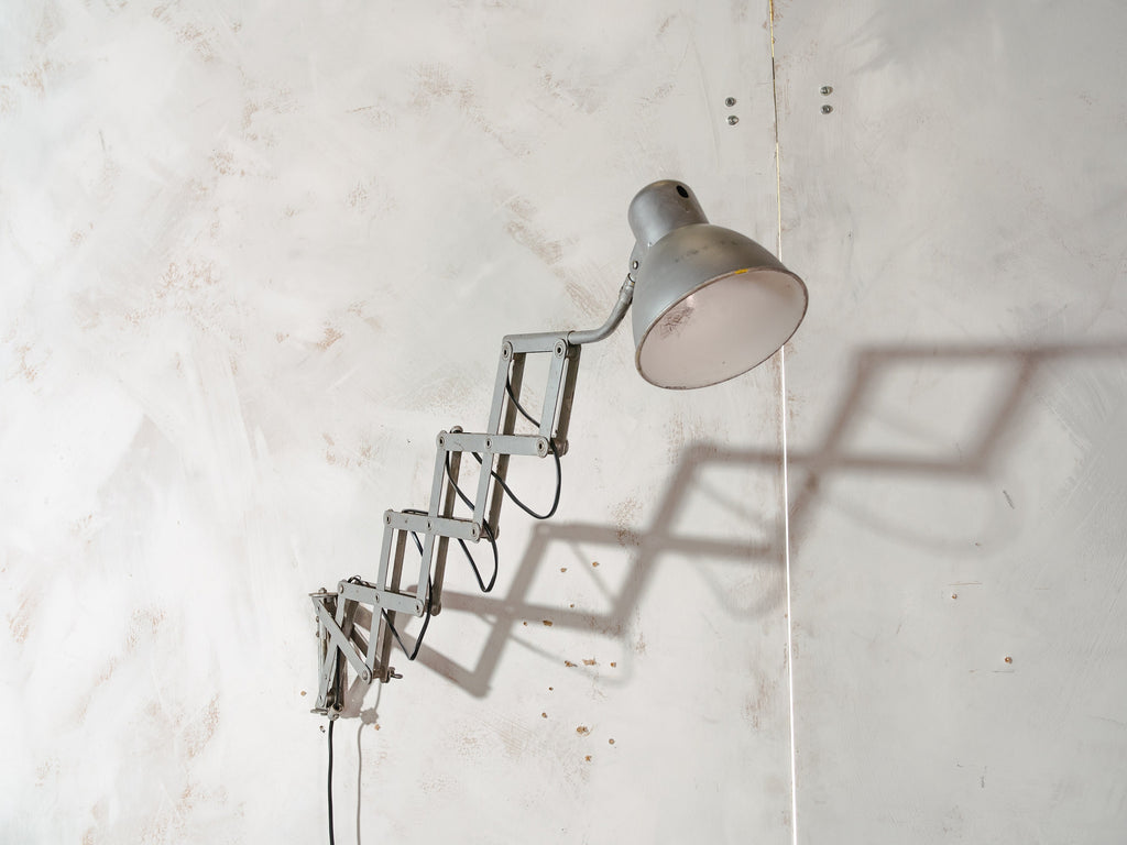 Industrial Gray Scissor Lamp by SIS, 1960s Adjustable Wall mounted light, Harmonica light, Accordion Workshop lighting