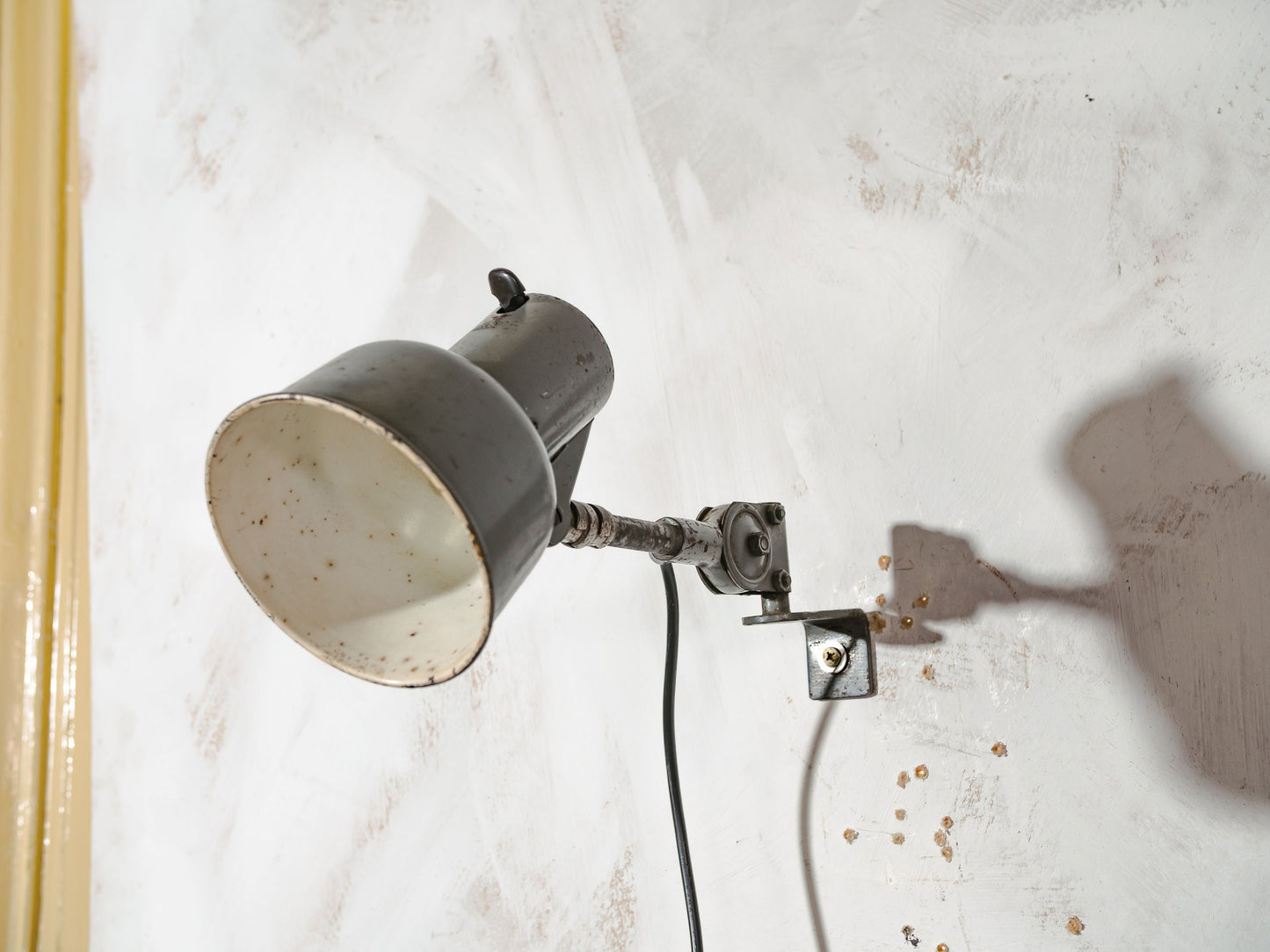 Tiny SIS Wall Lamp Swing Arm 1950s, Bauhaus Rustic patina Gray Vintage Wall mounted light or Desk Mounted Lamp, Factory Machine drawing lamp