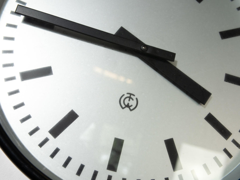 Black Industrial Factory Clock by CTW, 1950s Wall clock Carl Theodor Wagner, Gray Dial Face