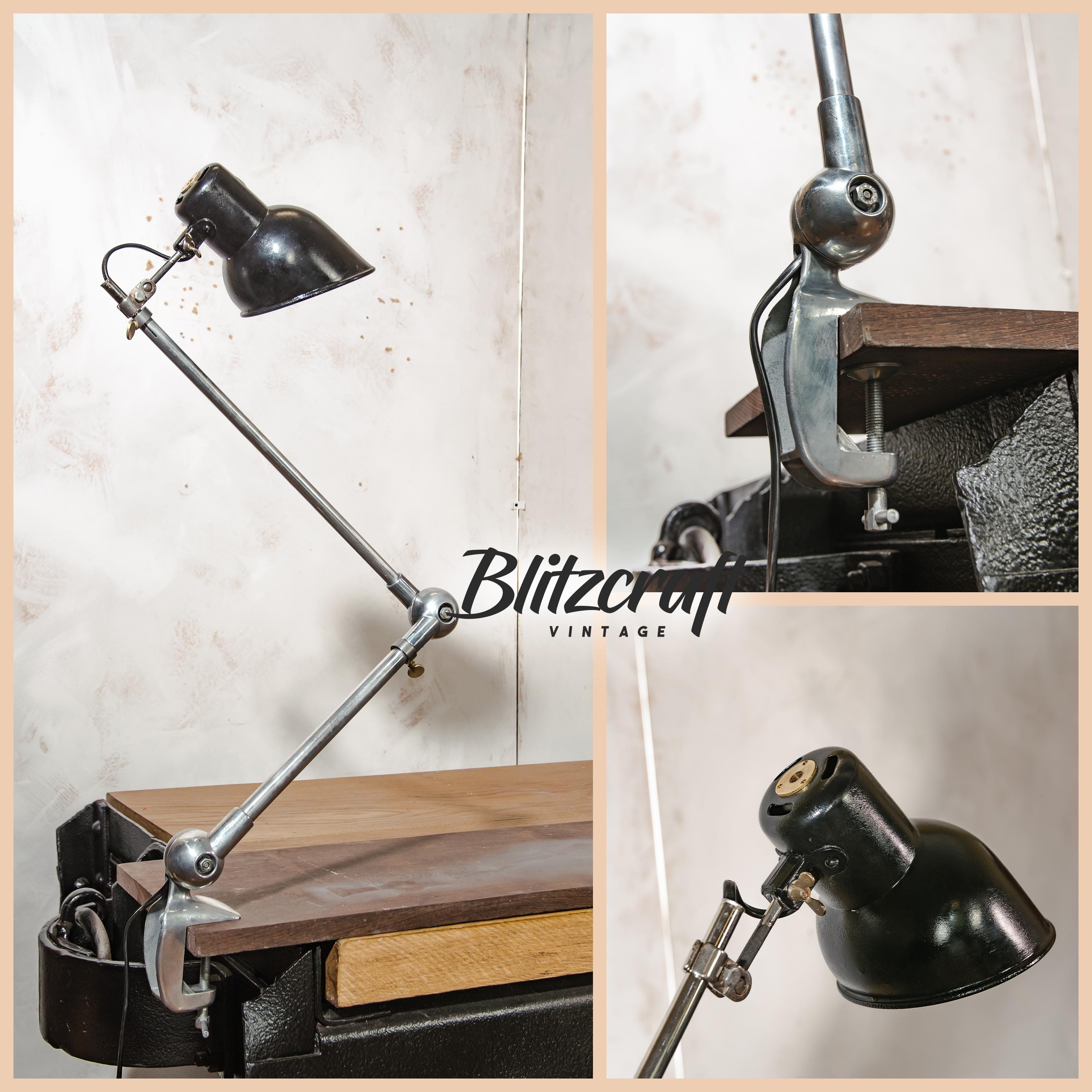 1950s Lumina Breveté Polished with Black Shade, Vintage 2 arm Articulated Workshop light made in France | Retro Table Clamp Desk lamp