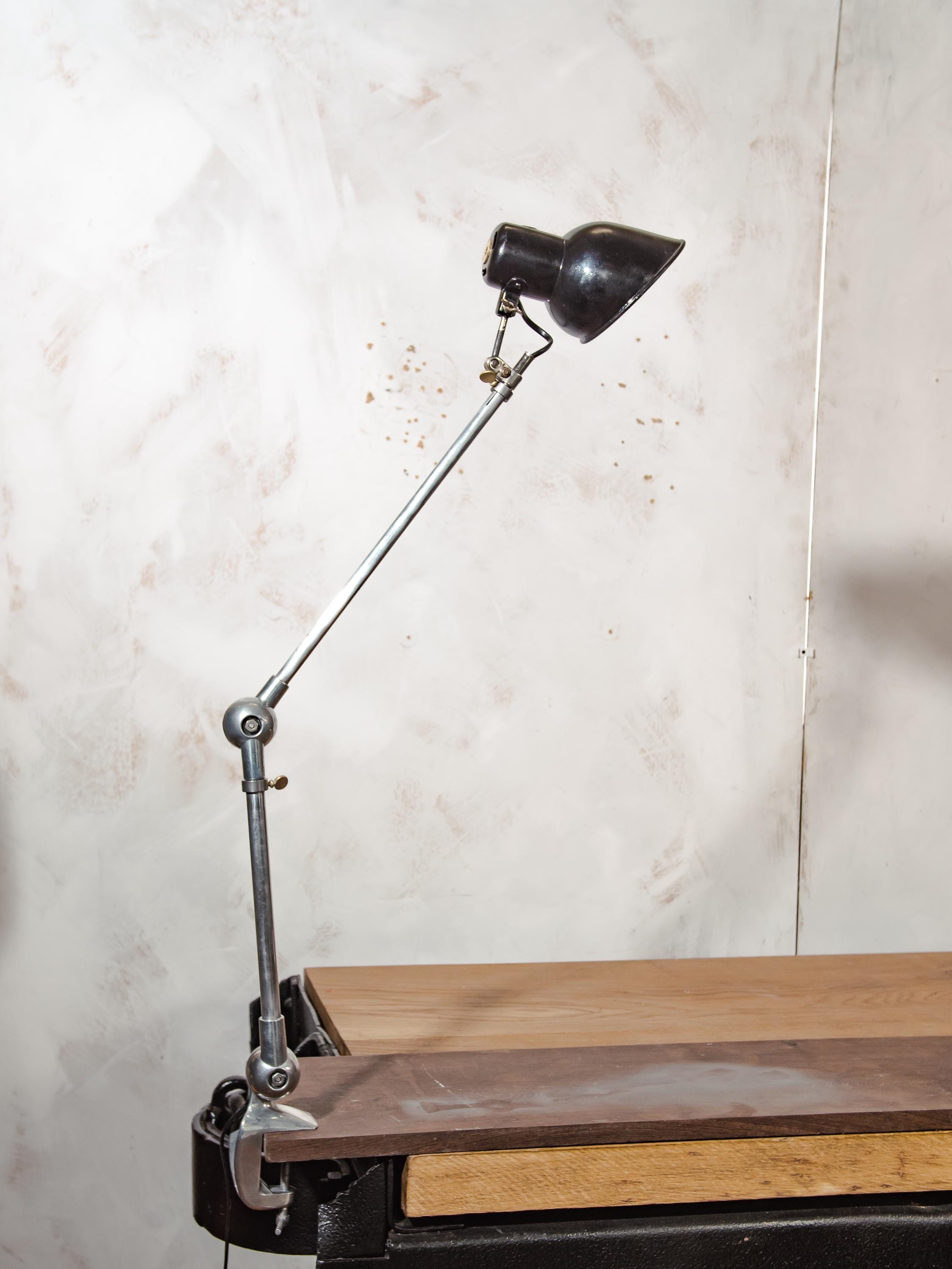 1950s Lumina Breveté Polished with Black Shade, Vintage 2 arm Articulated Workshop light made in France | Retro Table Clamp Desk lamp