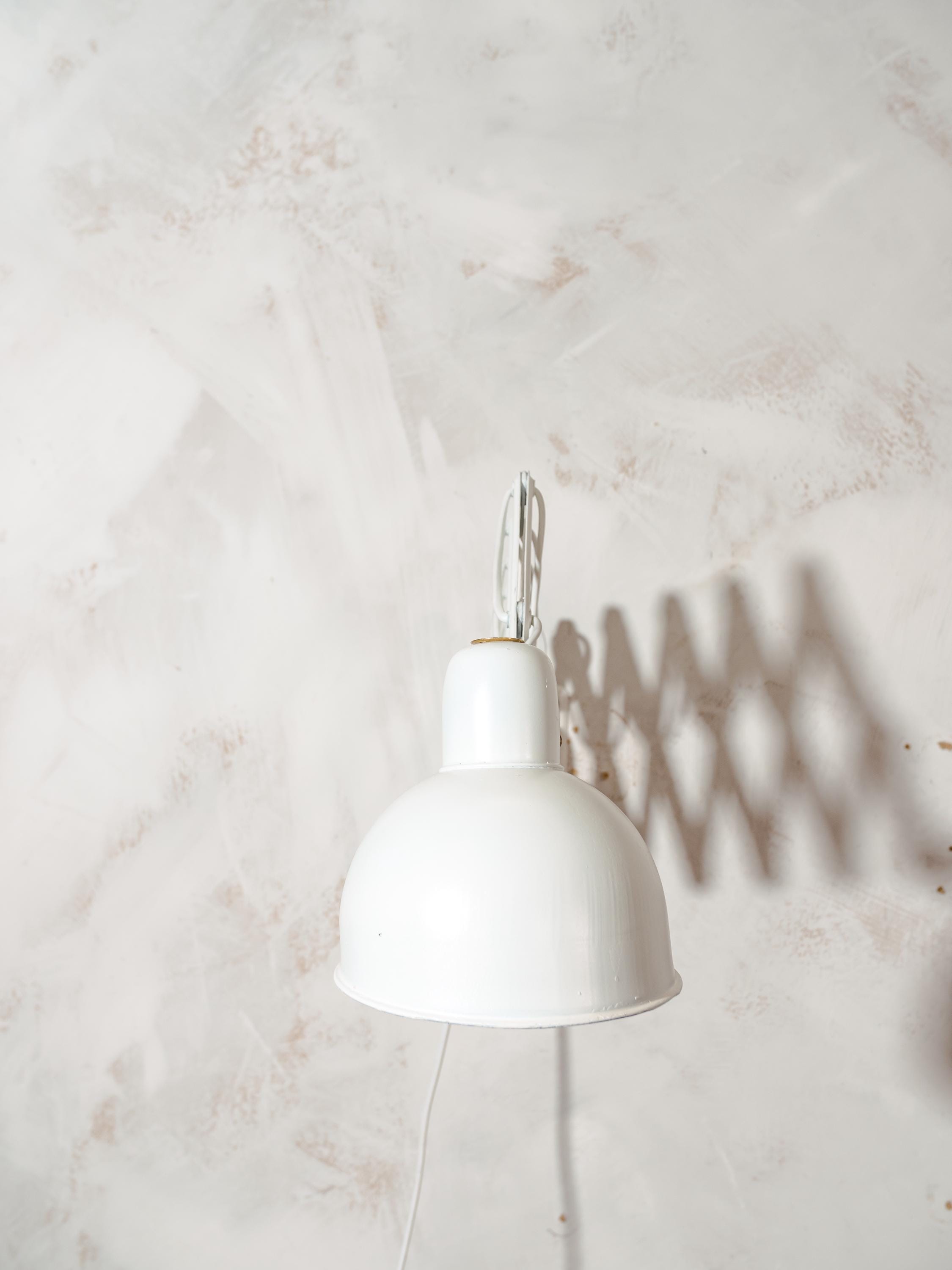 Rare White ADEM Scissors Lamp, Vintage Wall-Mounted Harmonica Light, Adjustable 1940s Workshop Lamp, Unique Home Decor