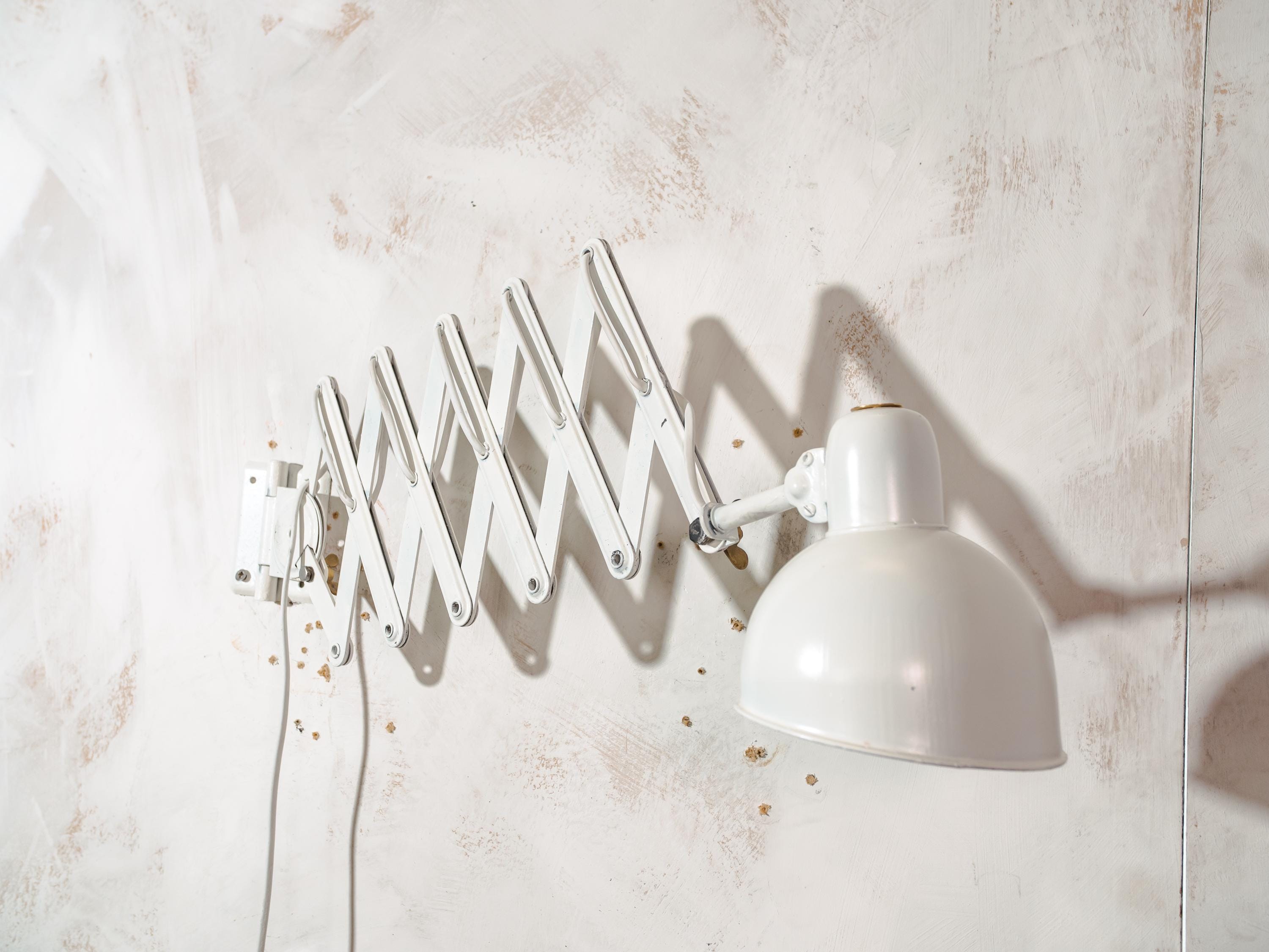 Rare White ADEM Scissors Lamp, Vintage Wall-Mounted Harmonica Light, Adjustable 1940s Workshop Lamp, Unique Home Decor
