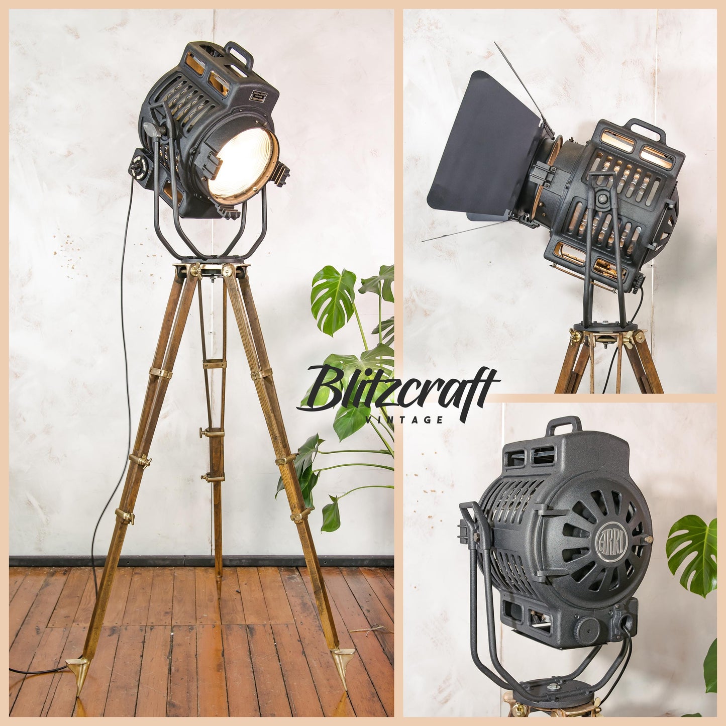 Zeldzame ARRI Arnold &amp; Richter Cinema Spotlight uit de jaren 50 met barndoors op een antiek houten koperen statief, Hollywood Projector vloerlamp