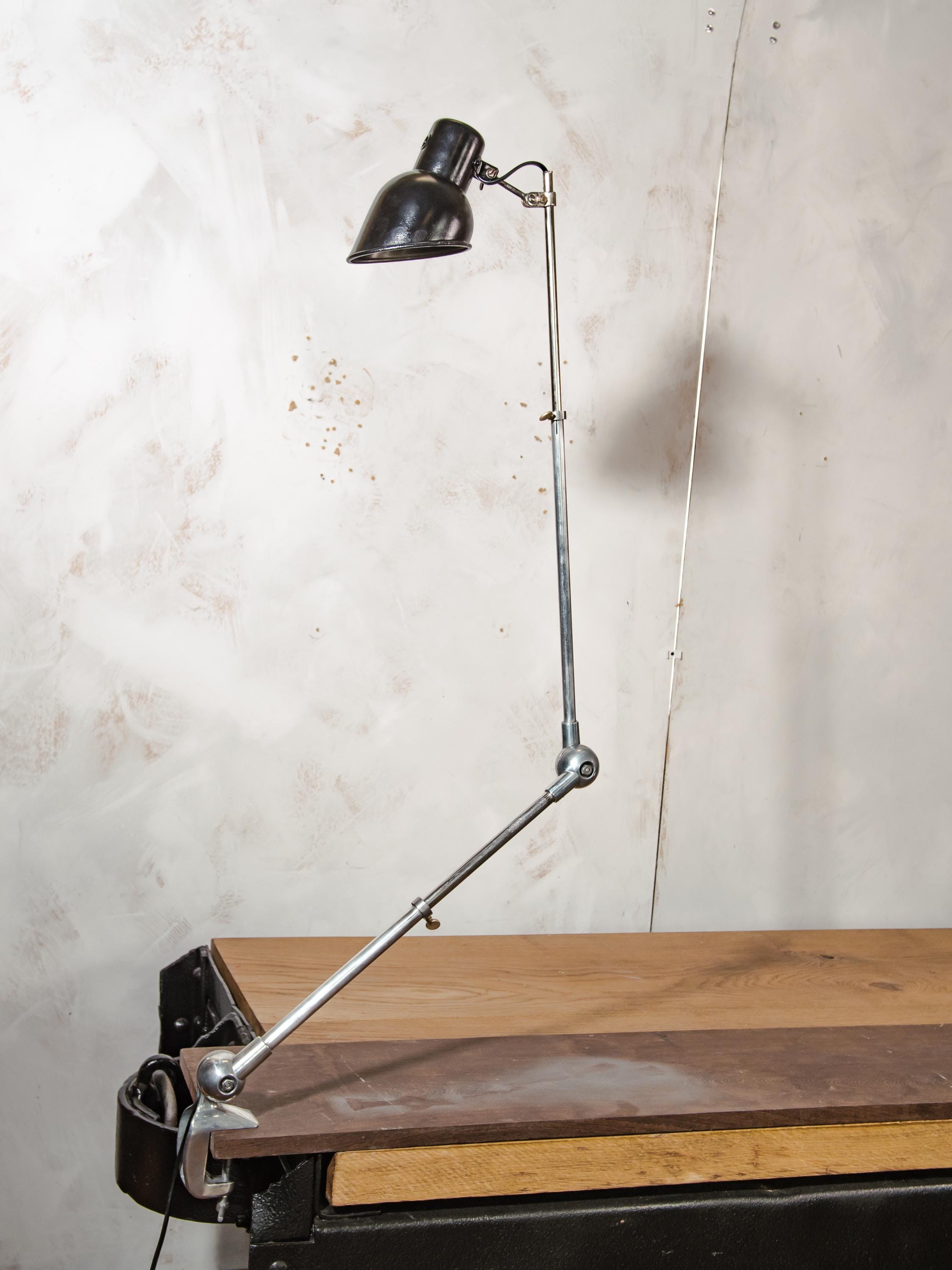 1950s Lumina Breveté Polished with Black Shade, Vintage 2 arm Articulated Workshop light made in France | Retro Table Clamp Desk lamp