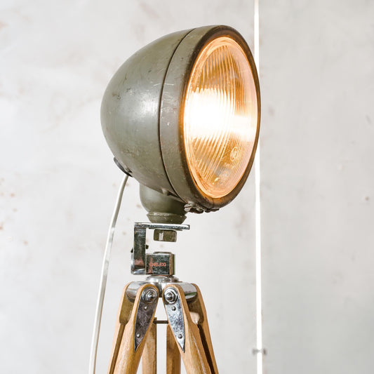 Military Headlight on a Wooden Aluminum Chelico Photography Tripod, Old Army Floor lamp can be converted into Desk lamp