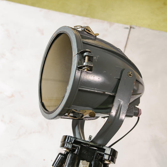 Dark Gray 1970s Soviet Spotlight on Surveying Tripod, Rocket Shape industrial Floor lamp, Vintage Reflector Projector Light