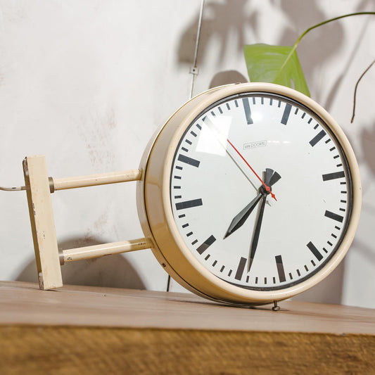 Retro Double sided School Clock by Van Doorn 1970s, Beige Wall or Ceiling mounted Clockwork, Unique gift for a Teacher and Principal